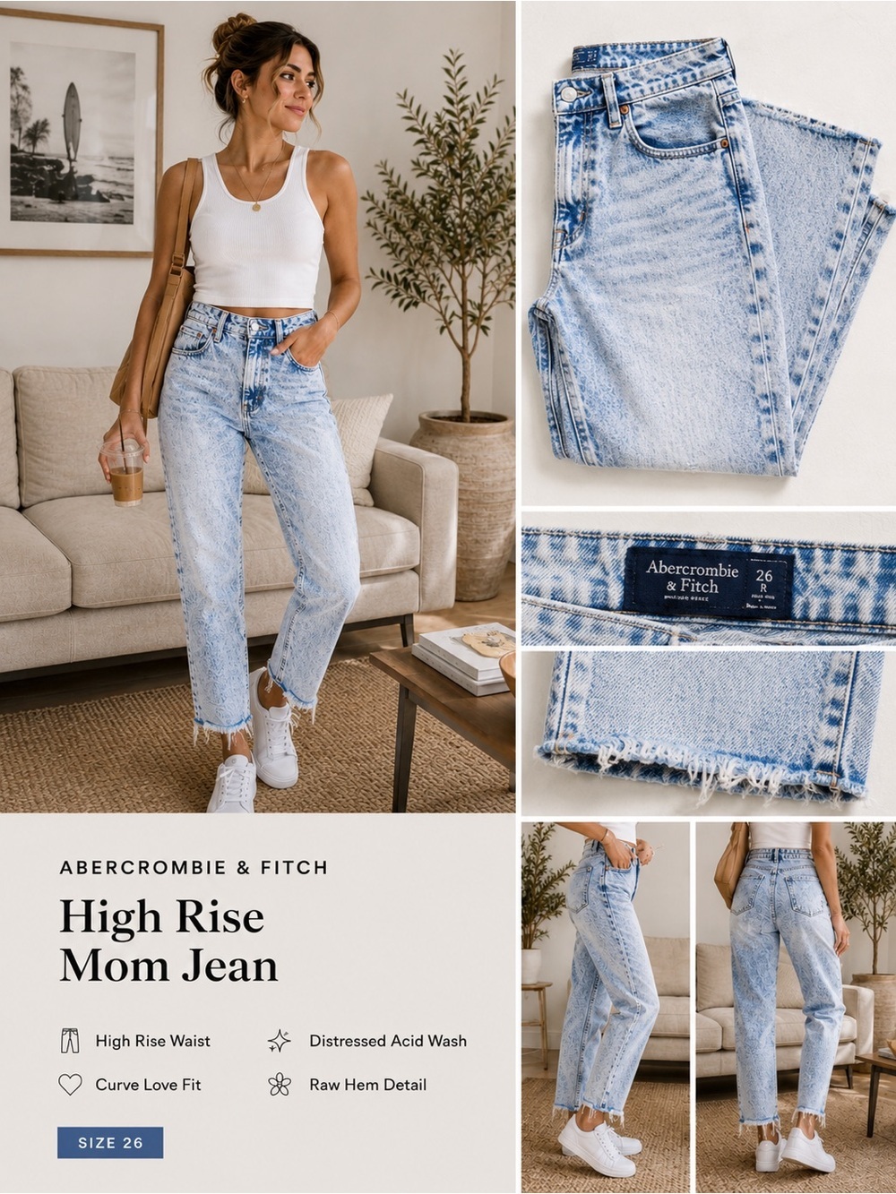 Abercrombie High Risee Mom Jean Curve Love Distressed Acid Wash Size 26